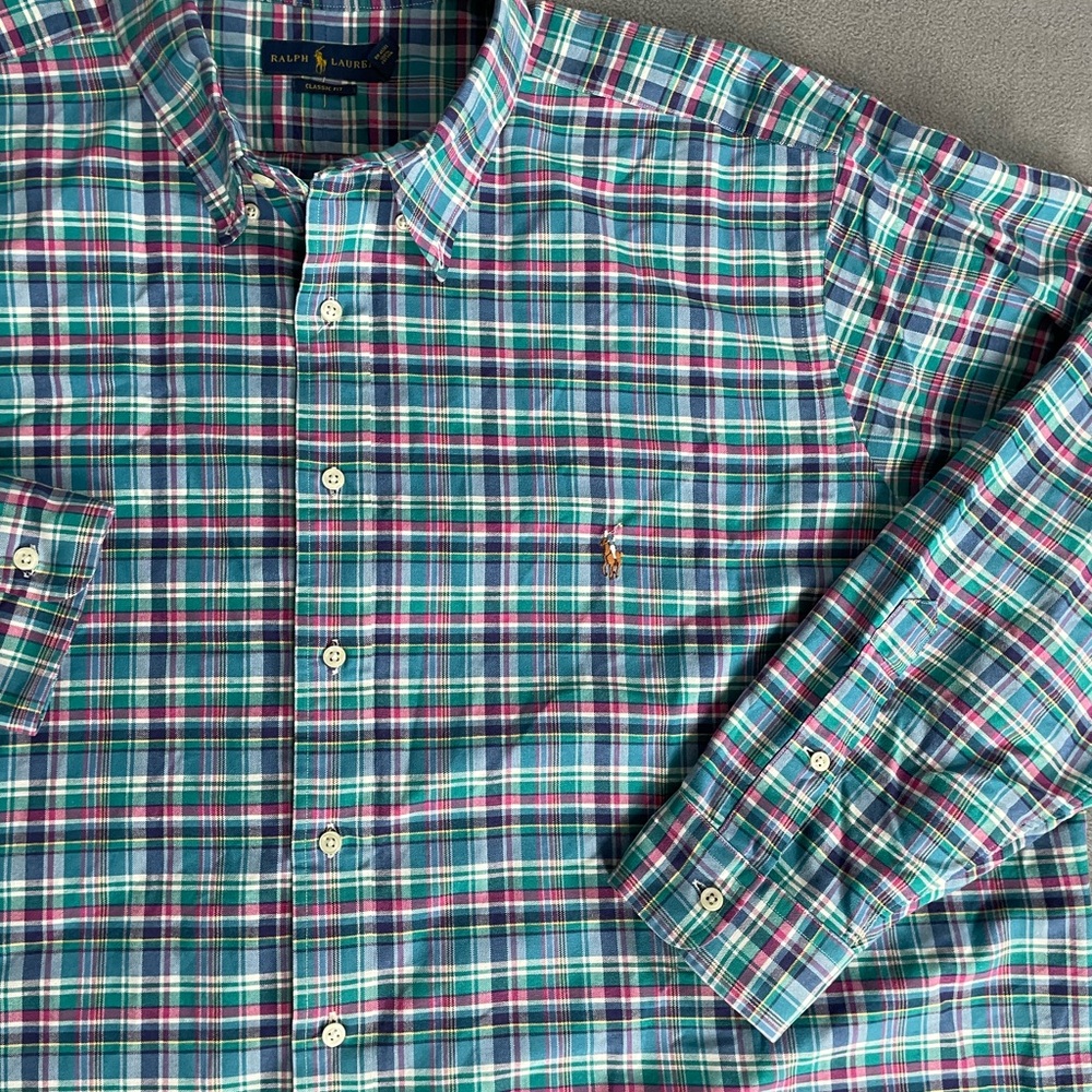 Ralph Lauren Men's Blue Green plaid button down sz 3xB  classic fit flesh pony - Picture 5 of 10